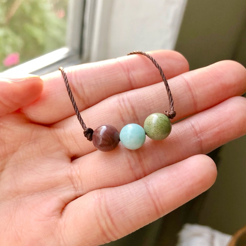 Earthy Indian Agate x Amazonite Trio Bead (Dark Brown) Necklace/Choker - Picture 2 of 4